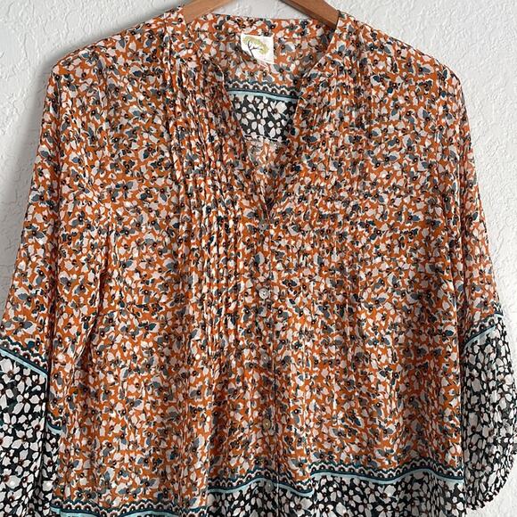 Fig and Flower Orange Blue Floral Blouse Pleated Bib Fall Peasant Boho - Picture 2 of 5